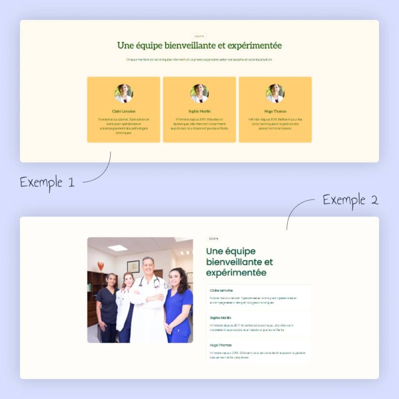 Exemples de section "l'équipe" pour un site vitrine d'IDE libéral