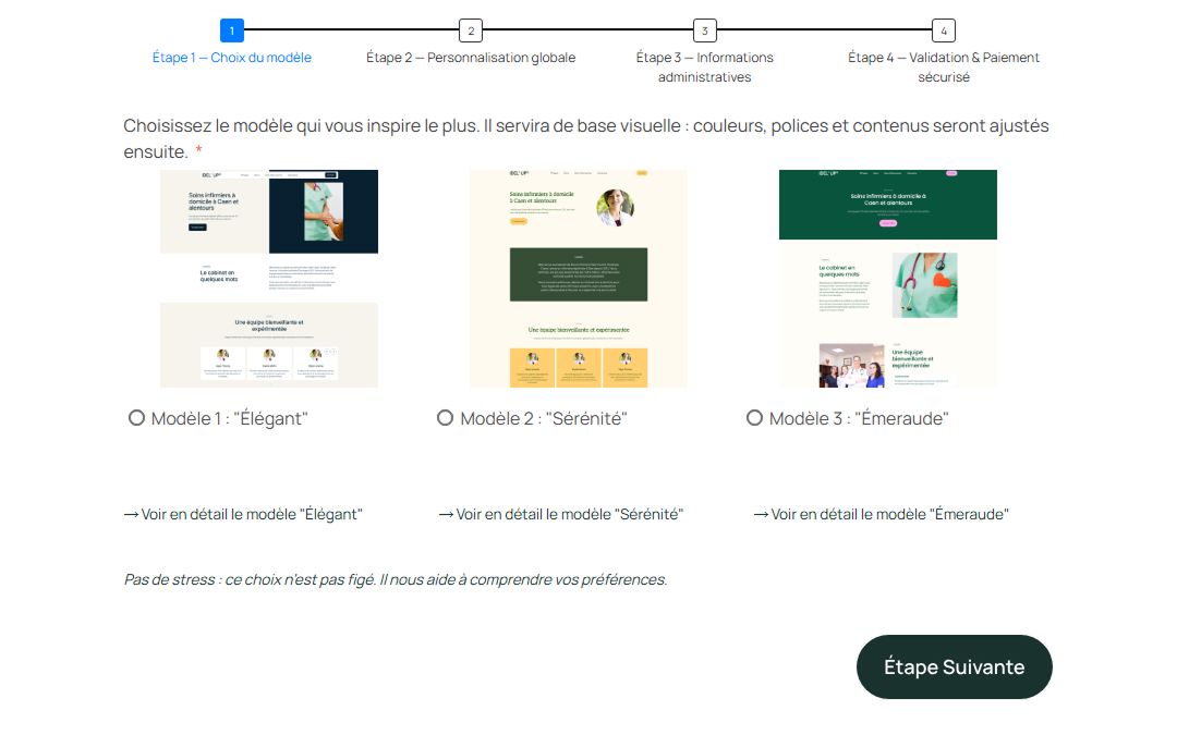 Capture d'écran du formulaire de création de site pour infirmiers libéraux