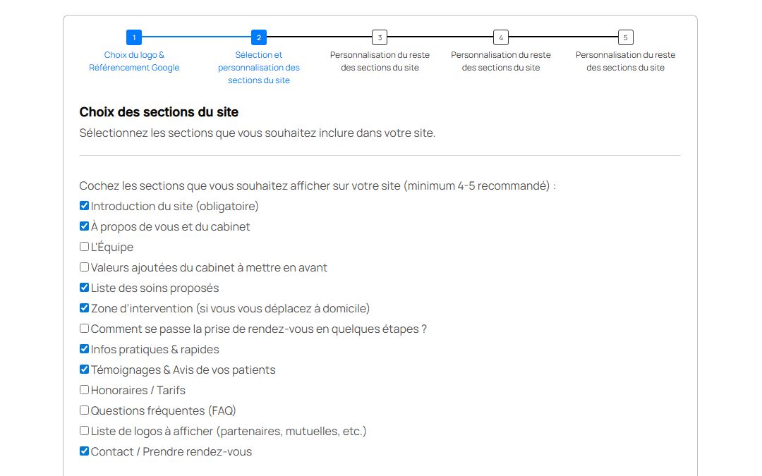 Capture d'écran du 2ème formulaire de création de site internet pour IDEL